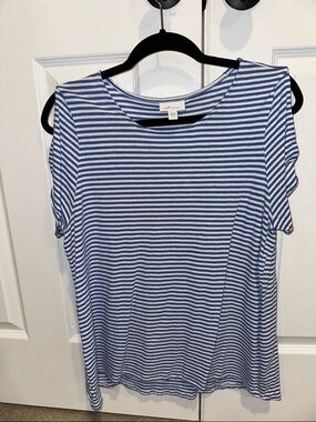 J. Jill Blue and White Striped Short Sleeve Cold Shoulder Tee